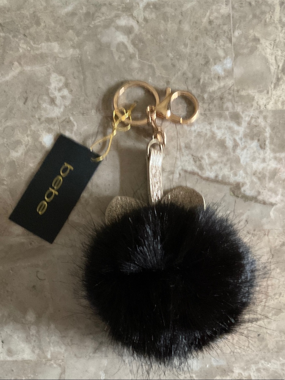 bebe Black Faux Fur Pom Pom Keychain with Bunny Ears